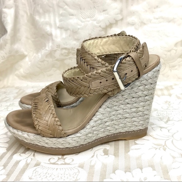 Stuart Weitzman Wedge Sandals Braided Taupe Straps